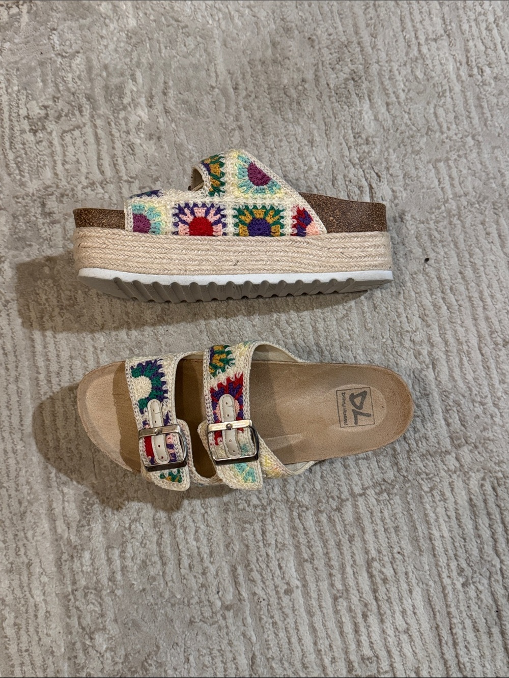 Dirty Laundry Cream Crochet Multicolor Double-Buckle Platform Sandals